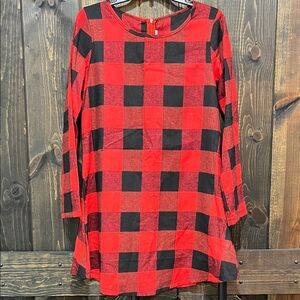NWOT Oversized Buffalo Plaid Tunic Dress Mini Red Black S M L Boho Relaxed